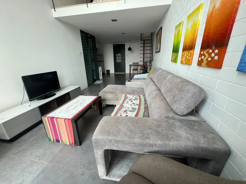 Living features: grey fabric sectional sofa, coffee table with colorful runner, wall-mounted TV, white painted walls, grey tile flooring, decorative artwork on walls, open-plan layout, large windows for natural light; style: modern.