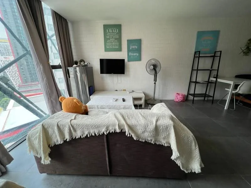Living features: grey tiled flooring, white painted walls, floor-to-ceiling windows, sofa with throw blanket, coffee table, wall-mounted TV, standing fan, open shelving unit, decorative wall art, area rug; style: modern; view: city.