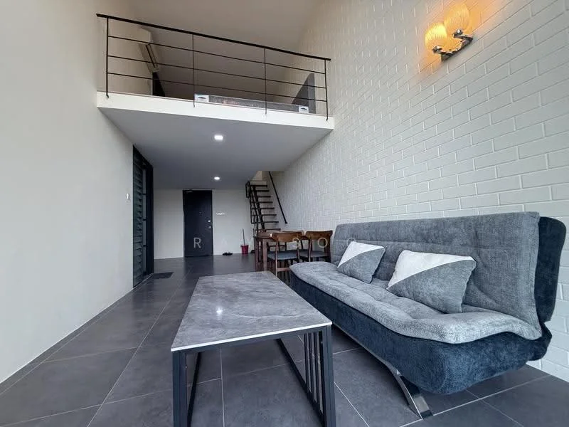 Living features: grey fabric sofa, marble coffee table, grey tiled flooring, white painted walls, exposed brick wall, recessed downlights, staircase visible in background, dining table in background; style: modern.