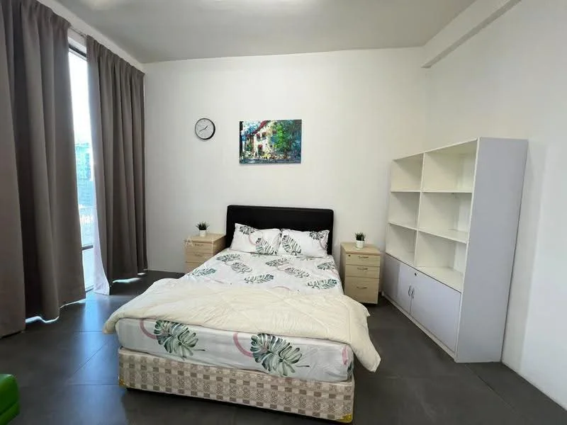 Bedroom features: queen-size bed with floral bedding, black upholstered headboard, 2 bedside tables with drawers, white shelving unit, floor-to-ceiling window with sheer curtains, grey curtains, wall clock, decorative wall art, tile flooring, light-colored walls; style: modern.