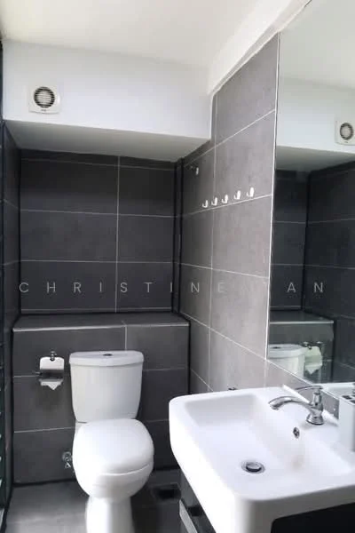 Bathroom features: grey tiled walls, white ceramic toilet, single-sink vanity with square basin, chrome faucet, large mirror above sink, wall-mounted hooks, tile flooring, window for natural light; style: modern.