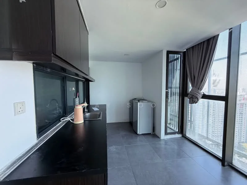 Kitchen features: black countertop, single-bowl stainless-steel sink, chrome pull-down faucet, dark wood cabinetry, built-in refrigerator, grey tile flooring, floor-to-ceiling windows, curtains, open layout; style: modern; view: city.