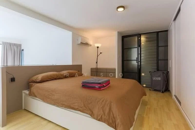 Bedroom features: king-size bed with brown bedding, wooden flooring, wall-mounted air conditioning unit, floor lamp, built-in wardrobe with glass doors, decorative wall paneling, window with sheer curtains, laundry basket; style: modern.