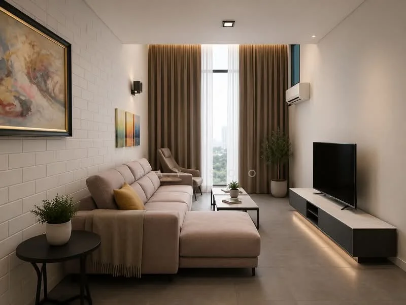 Living features: 3-seater fabric sofa in light beige, 2-seater armchair in light beige, coffee table with white top and black legs, TV console in white with black accents, wall-mounted flat-screen TV, floor-to-ceiling windows with sheer curtains, light grey tile flooring, decorative wall art with abstract design, indoor plant in a pot, wall-mounted air conditioning unit, recessed downlights, wall sconce lighting, textured white brick wall; style: modern; view: city.