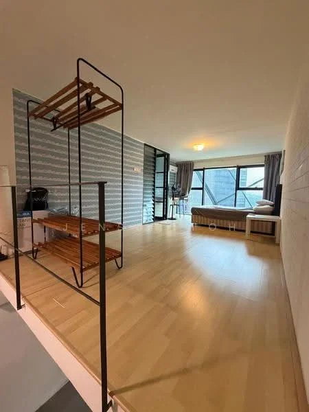 Living features: light wood flooring, white painted walls, feature wall with geometric pattern, floor-to-ceiling windows, grey curtains, recessed ceiling lights, open shelving unit, sofa, coffee table; style: modern; view: city.