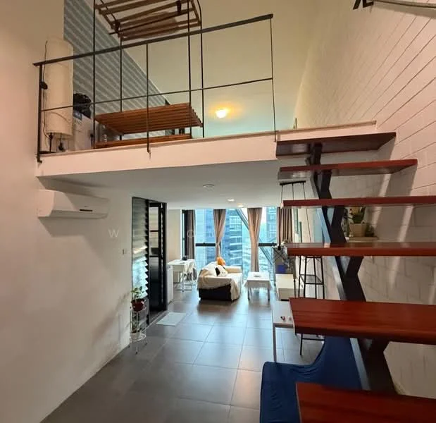 Living features: grey tile flooring, floor-to-ceiling windows, sheer curtains, sofa, coffee table, dining table, wall-mounted split AC, decorative plants, open shelving, light fixture, staircase with wooden steps, exposed brick wall, recessed lighting; style: modern; view: city. Room features: wooden railing, open space above.