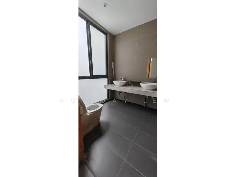Bathroom features: two vessel sinks, chrome basin mixers, large mirror, toilet, grey tile flooring, grey wall tiles, floor-to-ceiling window, wall-mounted cabinetry; style: modern.