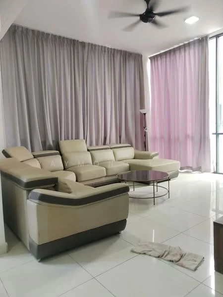 Living features: L-shape sectional sofa in beige and brown, glass coffee table, floor-to-ceiling windows, sheer curtains in light purple, sheer curtains in grey, white painted walls, polished ceramic tile flooring, ceiling fan with light, decorative floor lamp; style: modern.
