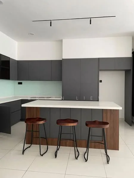 Kitchen features: grey cabinetry, white countertop, light green backsplash, stainless-steel appliances, island with seating, three wooden bar stools, recessed lighting, open layout, tile flooring; style: modern.