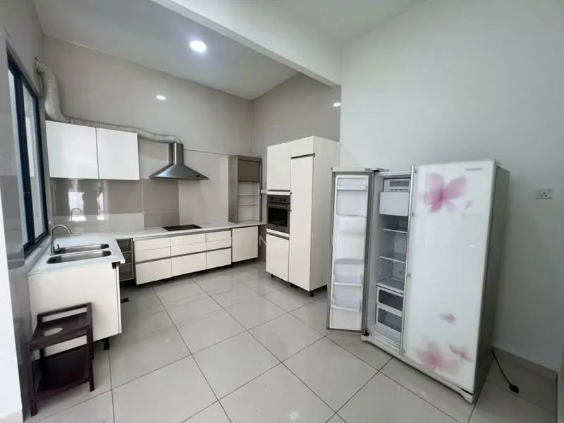 Kitchen features: white cabinetry, stainless-steel range hood, built-in oven, freestanding fridge with floral design, single-bowl stainless-steel sink, chrome pull-down faucet, white countertops, ceramic tile flooring, wall-mounted cabinets, open shelving, large window, recessed downlights; style: modern.