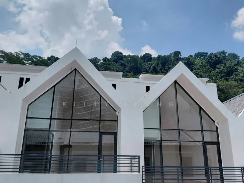 Exterior type: detached bungalow; features: white painted facade, large floor-to-ceiling windows, triangular roof design, sloped roof, surrounded by greenery, two prominent gables; style: modern.