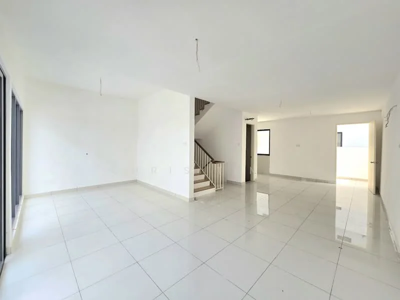 Room features: white painted walls, glossy white tile flooring, staircase with wooden railing, large windows, natural light, open layout, no visible furniture, ceiling lights; style: modern.