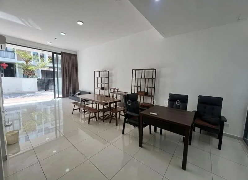 Dining features: white painted walls, glossy tile flooring, recessed downlights, large windows with sheer curtains, wooden dining table, 4 wooden dining chairs, 2 black upholstered chairs, open layout, indoor plants, decorative shelving units; style: modern; view: garden.