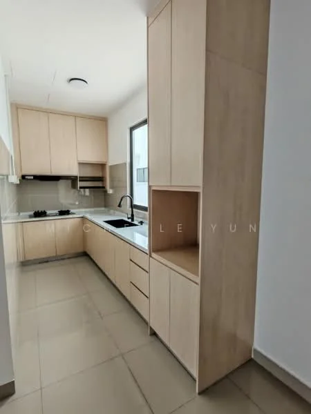 Kitchen features: light wood cabinetry, black countertop, single-bowl stainless-steel sink, chrome pull-down faucet, built-in gas hob, built-in oven, ceramic tile backsplash, grey ceramic tile flooring, window for natural light, open shelving, drawer storage, upper cabinets, lower cabinets; style: modern.