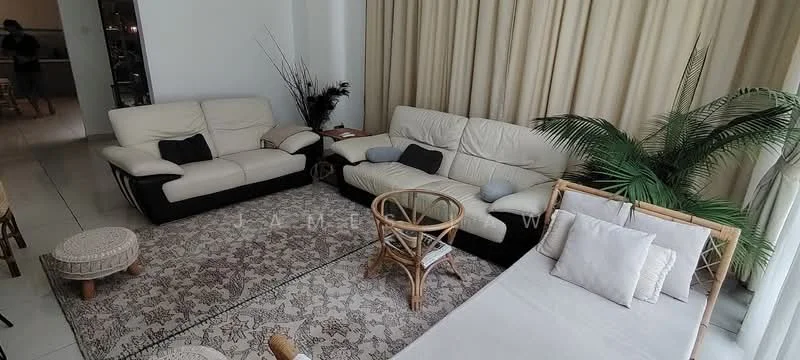 Living features: 2-seater leather sofa in cream, 3-seater leather sofa in cream, round wooden coffee table, woven rattan chair, area rug with geometric pattern, floor-to-ceiling windows, curtains in light beige, indoor plant, decorative throw pillows; style: modern.