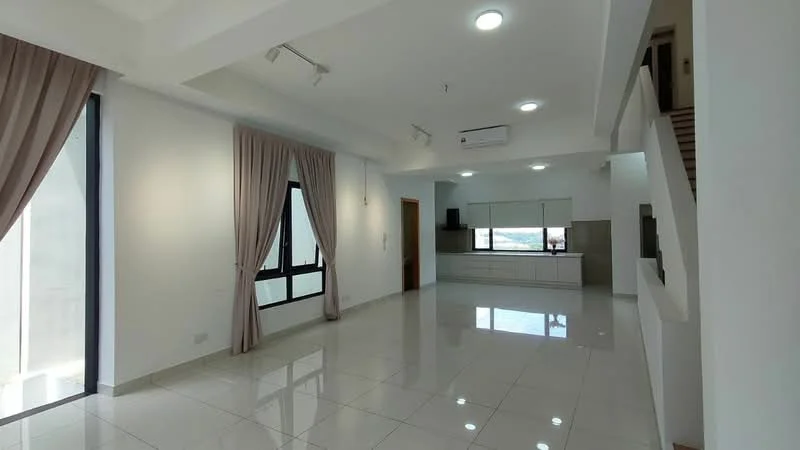 Living features: white painted walls, glossy ceramic tile flooring, recessed downlights, 5-blade ceiling fan with light, floor-to-ceiling windows, sheer curtains, air conditioning unit, open layout to kitchen, neutral color scheme; style: modern; view: city. Kitchen features: white cabinetry, stainless-steel sink, built-in oven, freestanding range oven, countertop with backsplash, open layout to living area; style: modern.