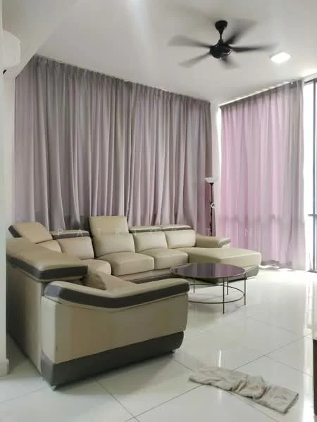 Living features: L-shape sectional sofa in beige, round coffee table, 5-blade ceiling fan, floor-to-ceiling windows, sheer curtains in grey, sheer curtains in purple, white painted walls, glossy white tile flooring; style: modern.