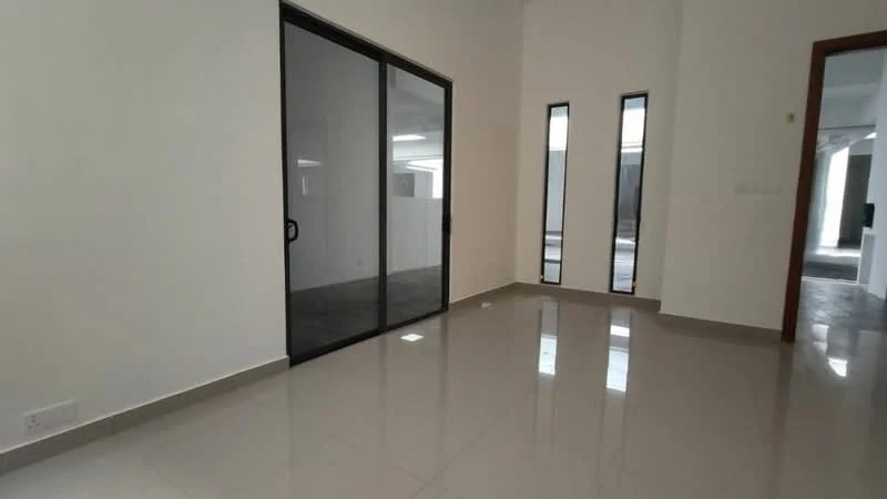 Room features: white painted walls, glossy ceramic tile flooring, sliding glass door, floor-to-ceiling windows, narrow vertical windows, neutral color scheme, high ceiling, minimalist design; style: modern.