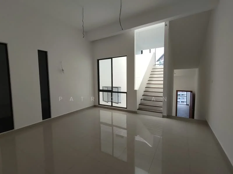 Room features: white painted walls, glossy tile flooring, large windows, staircase leading to upper floor, ceiling with exposed wiring, natural light from windows, open layout, neutral color scheme; style: modern.
