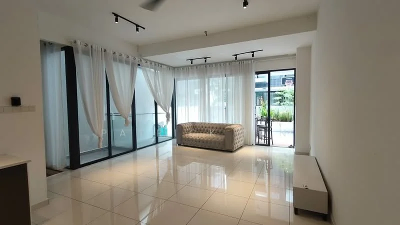 Living features: white painted walls, glossy tile flooring, floor-to-ceiling windows, sheer curtains, 3-seater fabric sofa in light grey, ceiling fan, recessed downlights, sliding glass door, outdoor view, TV console, coffee table; style: modern; view: garden.
