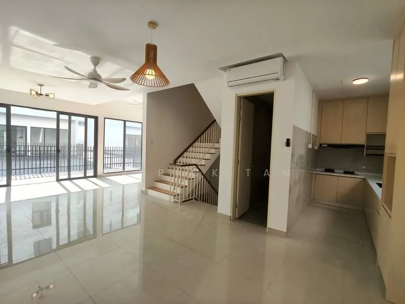 Living features: marble tile flooring, 5-blade ceiling fan with light, recessed downlights, floor-to-ceiling windows, sliding glass door, white painted walls, open layout to kitchen, staircase with wooden steps, air conditioning unit, decorative pendant light; style: modern; view: garden. Kitchen features: white cabinetry, stainless-steel sink, built-in oven, ceramic cooktop, countertop with backsplash; style: modern.
