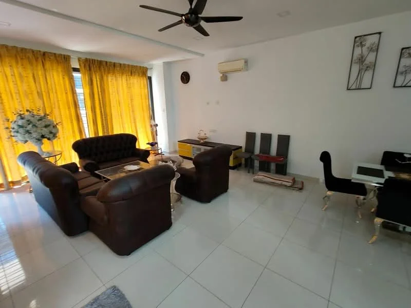 Living features: brown leather sofa set, 3-seater sofa, 2-seater sofa, glass coffee table, white tiled flooring, yellow sheer curtains, wall-mounted air conditioning unit, decorative wall art, ceiling fan, black dining chairs, small side table; style: modern.