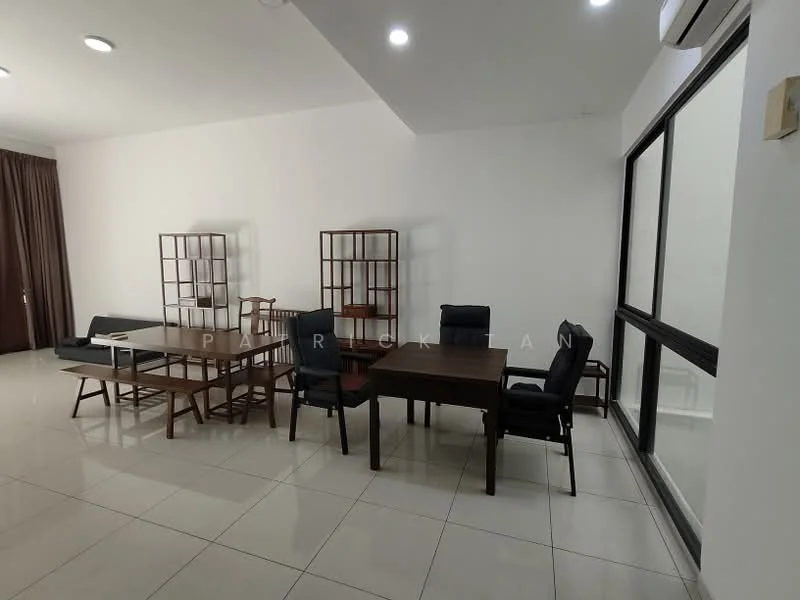 Room features: white painted walls, glossy tile flooring, recessed downlights, large windows, black leather office chairs, wooden dining table, wooden bookshelves, sofa seating, curtains, air conditioning unit; style: modern.