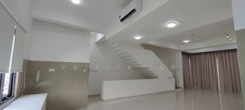Room features: white painted walls, light grey tiled flooring, staircase with white railing, recessed downlights, wall-mounted split AC, large window with blinds, curtains, open layout; style: modern.
