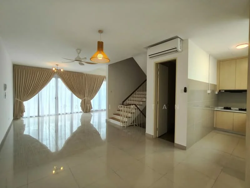 Living features: marble tile flooring, white painted walls, tray ceiling, 5-blade ceiling fan with light, large floor-to-ceiling windows, sheer curtains, recessed downlights, staircase, air conditioning unit, wall-mounted intercom; style: modern. Kitchen features: laminate cabinetry, stainless-steel sink, built-in stove, countertop, wall-mounted cabinets; style: modern.