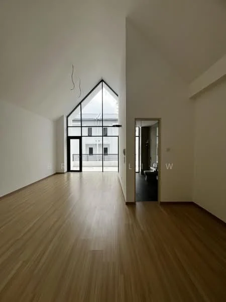 Living features: high vaulted ceiling, large floor-to-ceiling windows, wooden flooring, white painted walls, minimalist design, open layout, natural light, view of outdoor space; style: modern; view: garden. Room features: doorway leading to another room, dark flooring visible in adjacent space.
