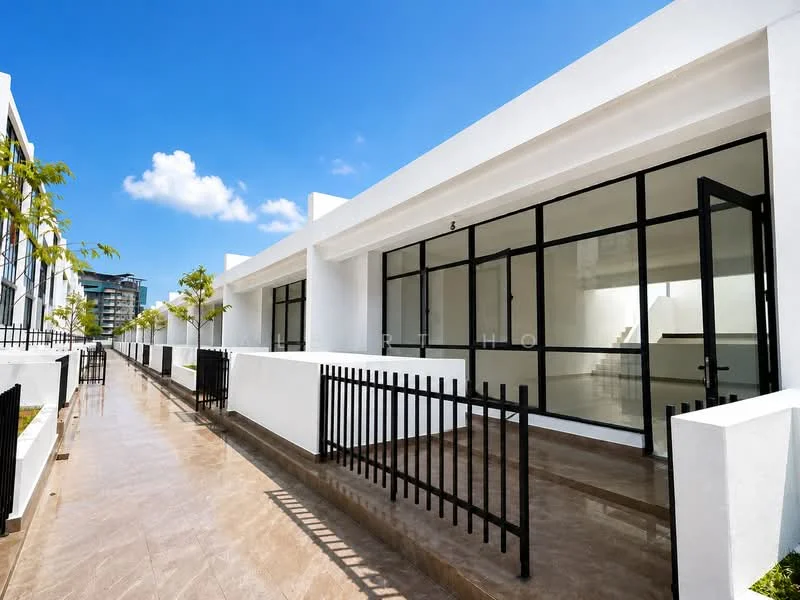 Exterior type: linked terrace house; features: white painted facade, glass windows, black metal railing, manicured walkway, paved flooring, surrounded by greenery, modern architectural design; style: modern.
