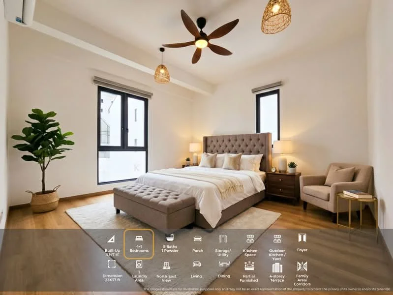 Bedroom features: king-size bed with upholstered headboard, bedside lamps, 2 bedside tables, ceiling fan with light, large windows with black frames, wooden flooring, decorative wall art, potted plant, armchair, neutral wall color, recessed lighting, decorative pendant lights; style: modern.
