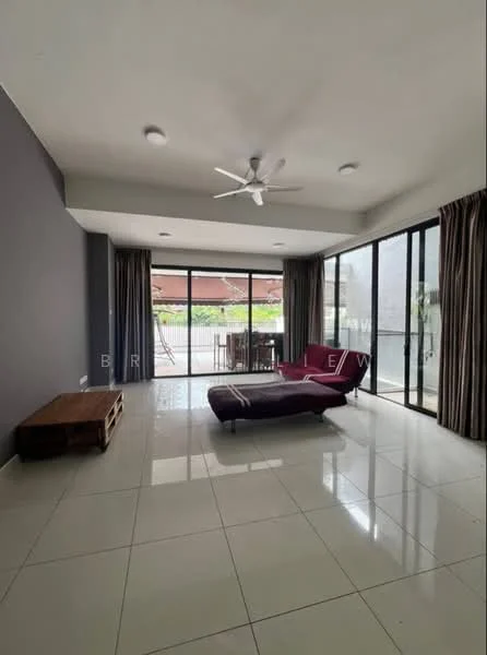 Living features: grey accent wall, white painted walls, glossy tile flooring, 5-blade ceiling fan with light, large sliding glass doors, floor-to-ceiling windows, sheer curtains, wooden coffee table, sectional sofa in maroon, natural light from windows; style: modern; view: garden.