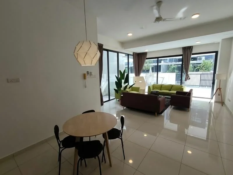 Living features: floor-to-ceiling windows, sliding glass door, green fabric sofa, brown leather sofa, round dining table, 4 black dining chairs, white pendant light, ceiling fan, white walls, glossy tile flooring, decorative indoor plants, curtains, lamp, open layout; style: modern; view: garden.
