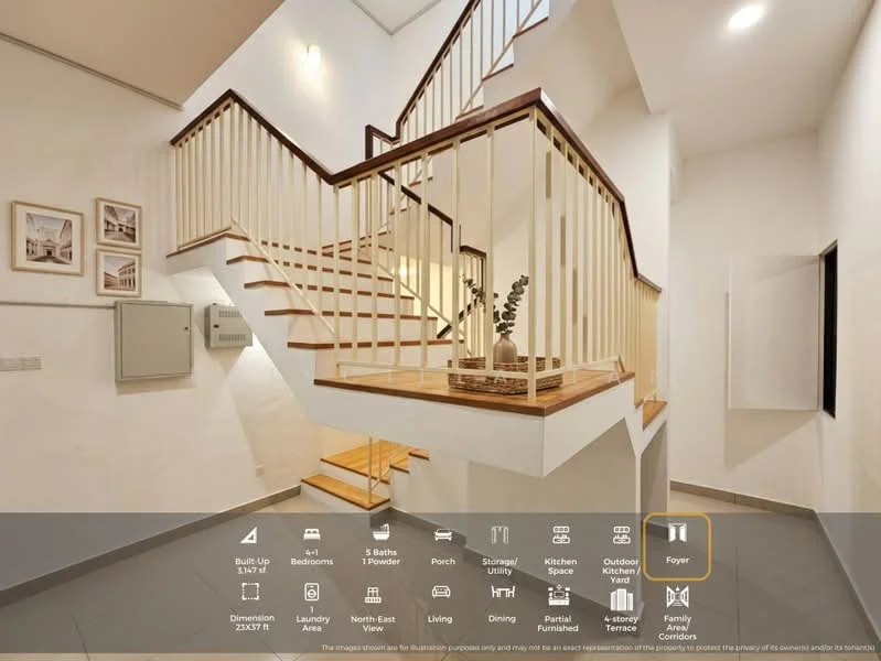 Foyer features: staircase with wooden steps and white railing, grey tiled flooring, white painted walls, recessed ceiling lights, decorative plant in a ceramic pot, framed artwork on walls, built-in storage cabinet, open space layout; style: modern.