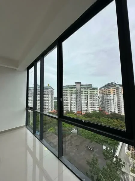 Room features: floor-to-ceiling windows, white painted walls, glossy tile flooring, city view, natural light, open layout; style: modern; view: city.