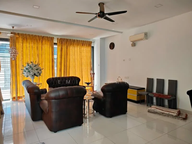 Living features: 3-seater leather sofa in dark brown, 2-seater leather sofa in dark brown, coffee table with glass top, ceiling fan with light, wall-mounted air conditioning unit, large windows with sheer curtains, yellow drapes, white painted walls, glossy tile flooring, decorative wall clock, decorative plant arrangement; style: modern.