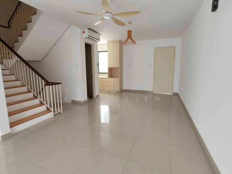 Living features: white painted walls, glossy ceramic tile flooring, 5-blade ceiling fan with light, wall-mounted split AC, staircase with wooden handrail, large window providing natural light, neutral color scheme, open layout; style: modern. Kitchen features: light wood cabinetry, countertop with space for appliances, unknown appliances, unknown backsplash; style: modern.