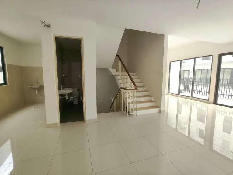 Room features: white painted walls, glossy tile flooring, staircase with wooden railing, large windows with black frames, open layout, natural light, corner sink, neutral color scheme; style: modern.