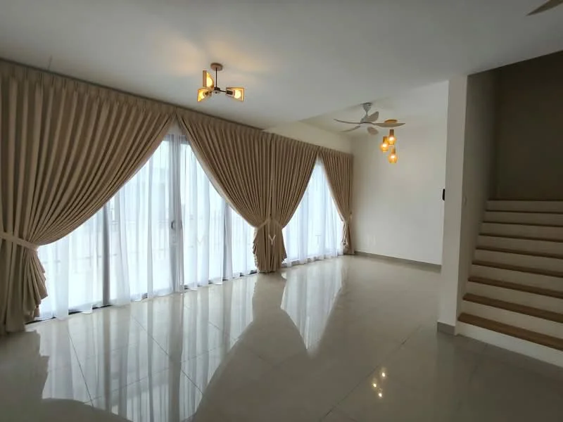 Living features: large floor-to-ceiling windows, sheer white curtains, beige drapes, 5-blade ceiling fan with light, modern pendant lighting, polished ceramic tile flooring, neutral wall color, staircase with wooden steps; style: modern.