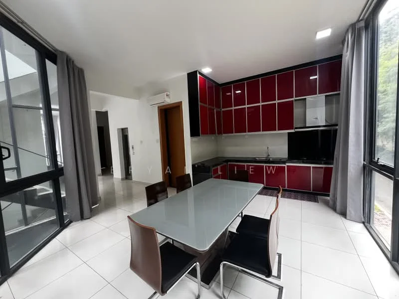Dining features: 6-seater dining table with glass top, black leather dining chairs, red cabinetry, stainless-steel appliances, built-in oven, stainless-steel range hood, black countertop, white tiled flooring, floor-to-ceiling windows, grey curtains, recessed downlights; style: modern; view: garden. Kitchen features: red cabinetry, stainless-steel appliances, black countertop, built-in oven, stainless-steel range hood, white tiled flooring; style: modern.