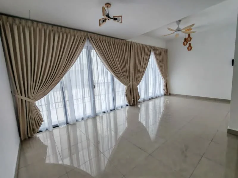Living features: white painted walls, polished marble flooring, 5-blade ceiling fan with light, chandelier with wooden accents, floor-to-ceiling windows, sheer curtains, drapery with tiebacks, natural light from windows; style: modern.