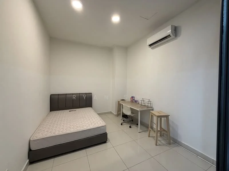 Bedroom features: queen-size bed, white painted walls, tile flooring, 1 wall-mounted split AC, recessed downlights, study desk, wooden stool, no bedding, minimalist decor; style: modern.