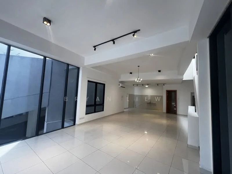 Room features: white painted walls, polished ceramic tile flooring, exposed ceiling with track lighting, large floor-to-ceiling windows, open layout, recessed downlights, neutral color scheme, minimalist design; style: modern.