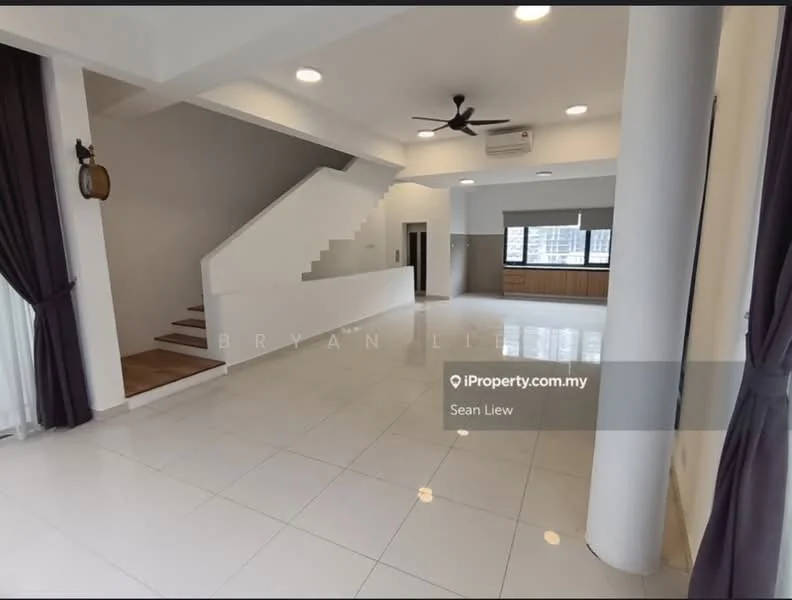 Living features: white painted walls, polished ceramic tile flooring, 5-blade ceiling fan with light, recessed downlights, large windows with sheer curtains, open-plan layout, staircase with wooden steps, built-in cabinetry, air conditioning unit; style: modern; view: city.