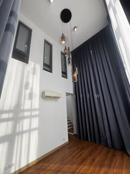 Room features: wooden flooring, white painted walls, high ceiling, large windows, blackout curtains, 5-blade ceiling fan, hanging pendant lights, air conditioning unit; style: modern.