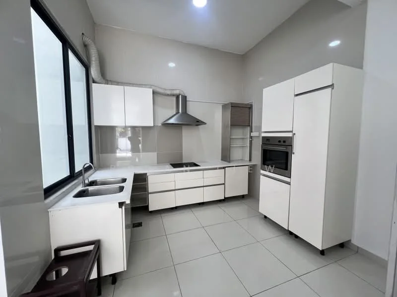 Kitchen features: white cabinetry, double-bowl stainless-steel sink, chrome pull-down faucet, black countertop, built-in oven, freestanding range oven, stainless-steel range hood, ceramic tile flooring, wall-mounted cabinets, large window, recessed ceiling lights; style: modern.