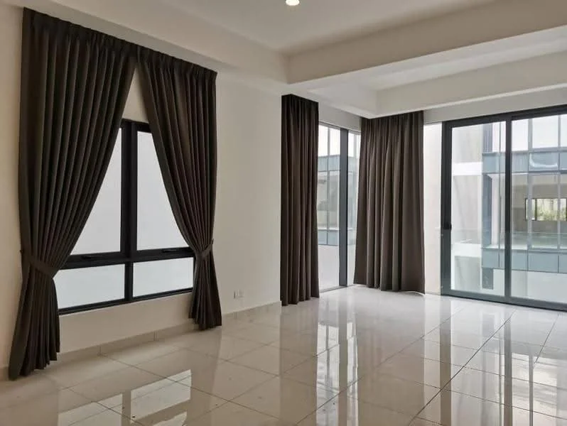 Living features: white painted walls, glossy tile flooring, floor-to-ceiling windows, dark brown curtains, recessed downlights, open layout, natural light, sliding glass door; style: modern; view: courtyard.
