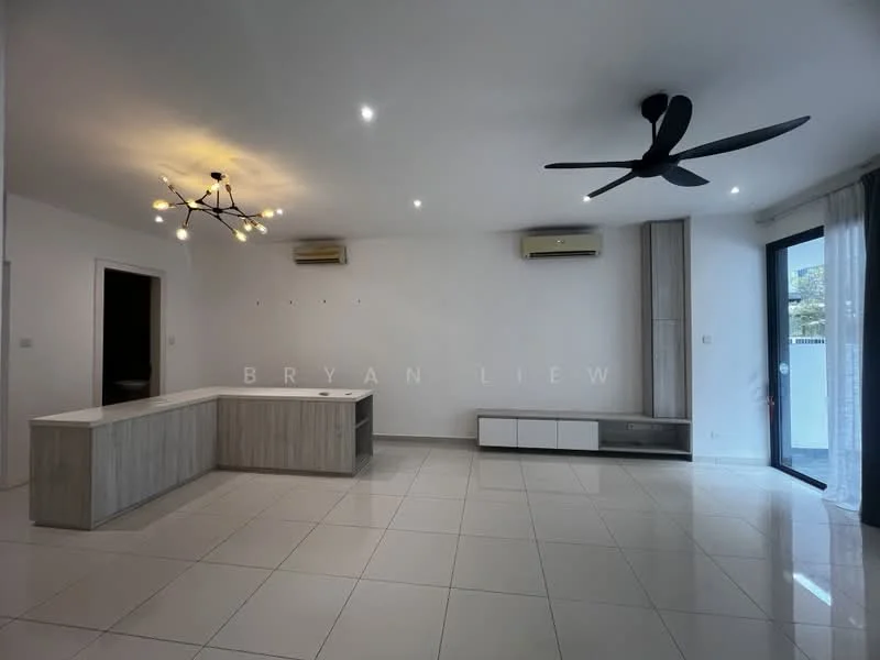 Living features: white painted walls, polished tile flooring, 5-blade ceiling fan with light, recessed LED downlights, wall-mounted TV console, built-in cabinetry, large sliding glass door, air conditioning unit, open-plan layout, decorative light fixture; style: modern.