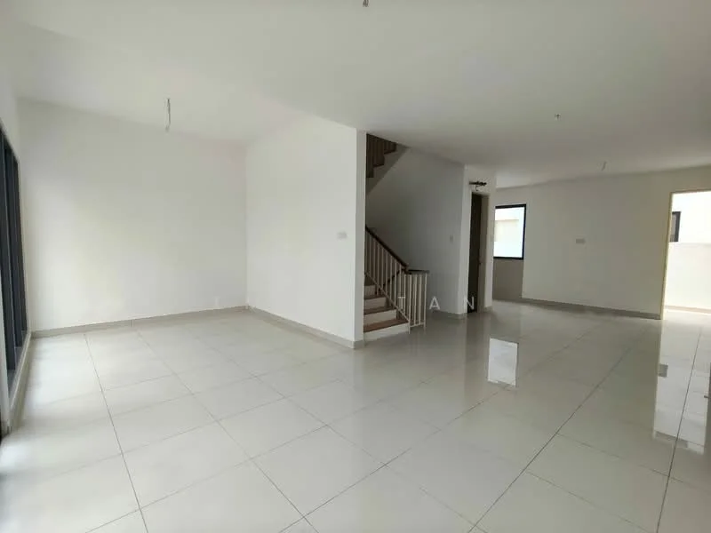 Room features: white painted walls, glossy ceramic tile flooring, staircase with wooden railing, large windows allowing natural light, open layout, no visible furniture, neutral color scheme, high ceiling; style: modern.